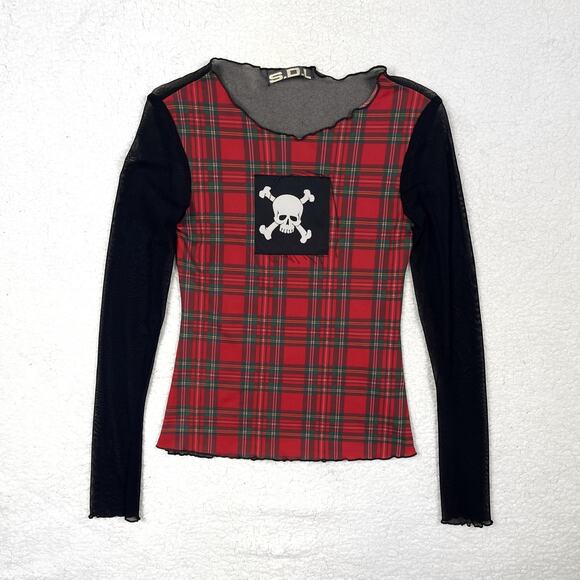 Vintage SDL Goth Mesh Plaid Skull Long Sleeve Blouse Top Euro Mall Goth Y2K Rare - Picture 3 of 16